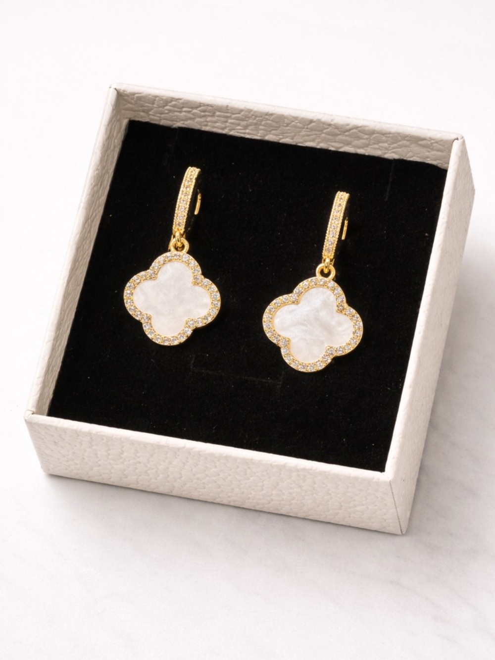 TU.LUXE 18k Gold Plated White Marbled Clover Drop Earrings with Crystal and case